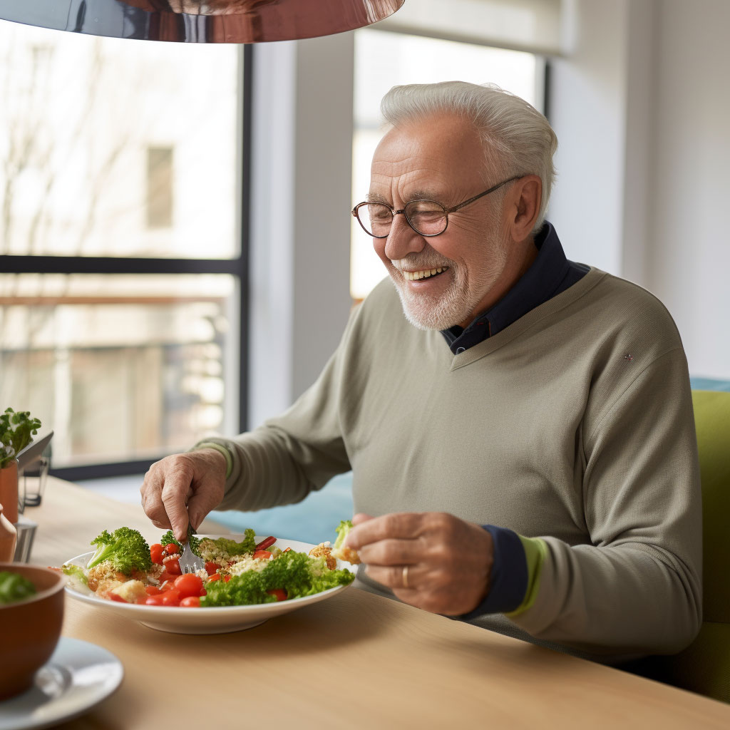 Senior man smiling at table ready to eat meal
