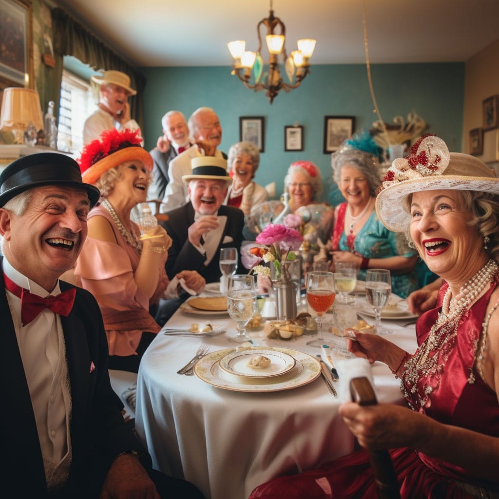 Group of seniors at table dressed up in celebration