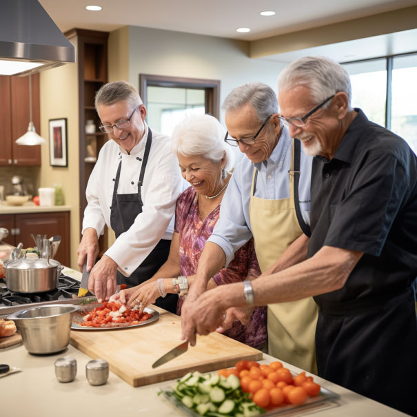 Group of seniors in kitchen preparing a meal