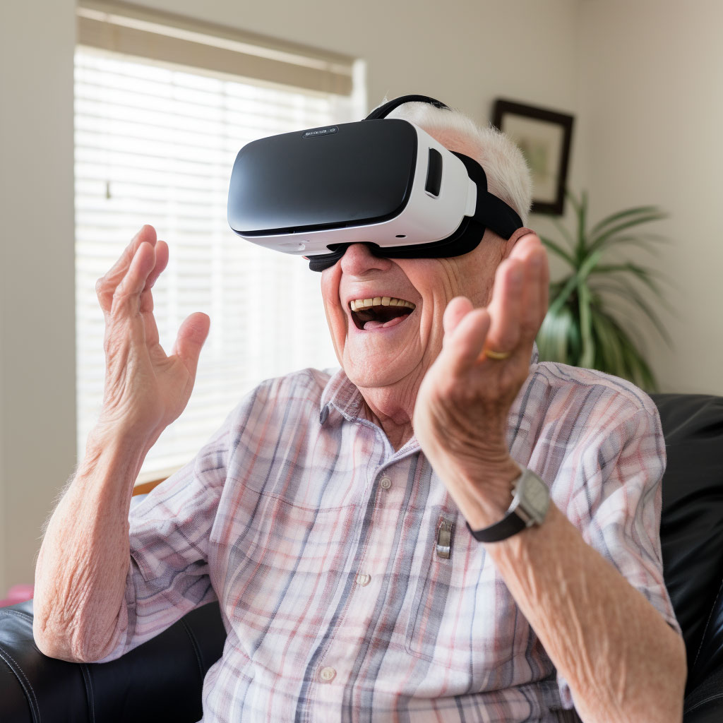 Senior  man wearing virtual reality goggles laughing