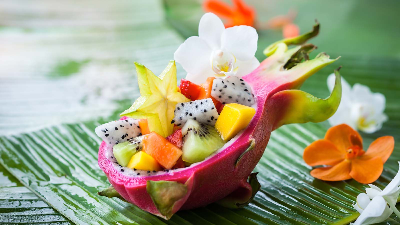 Exotic fruit salad served in dragon fruit