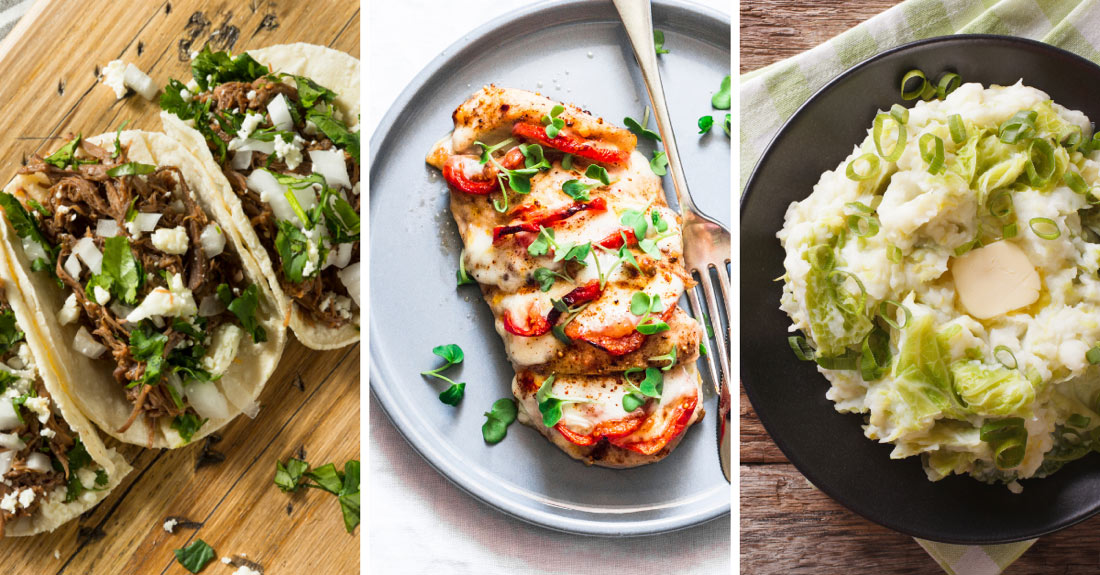 Collage of tacos, mashed potatoes with savoy cabbage and butter and baked chicken fillet