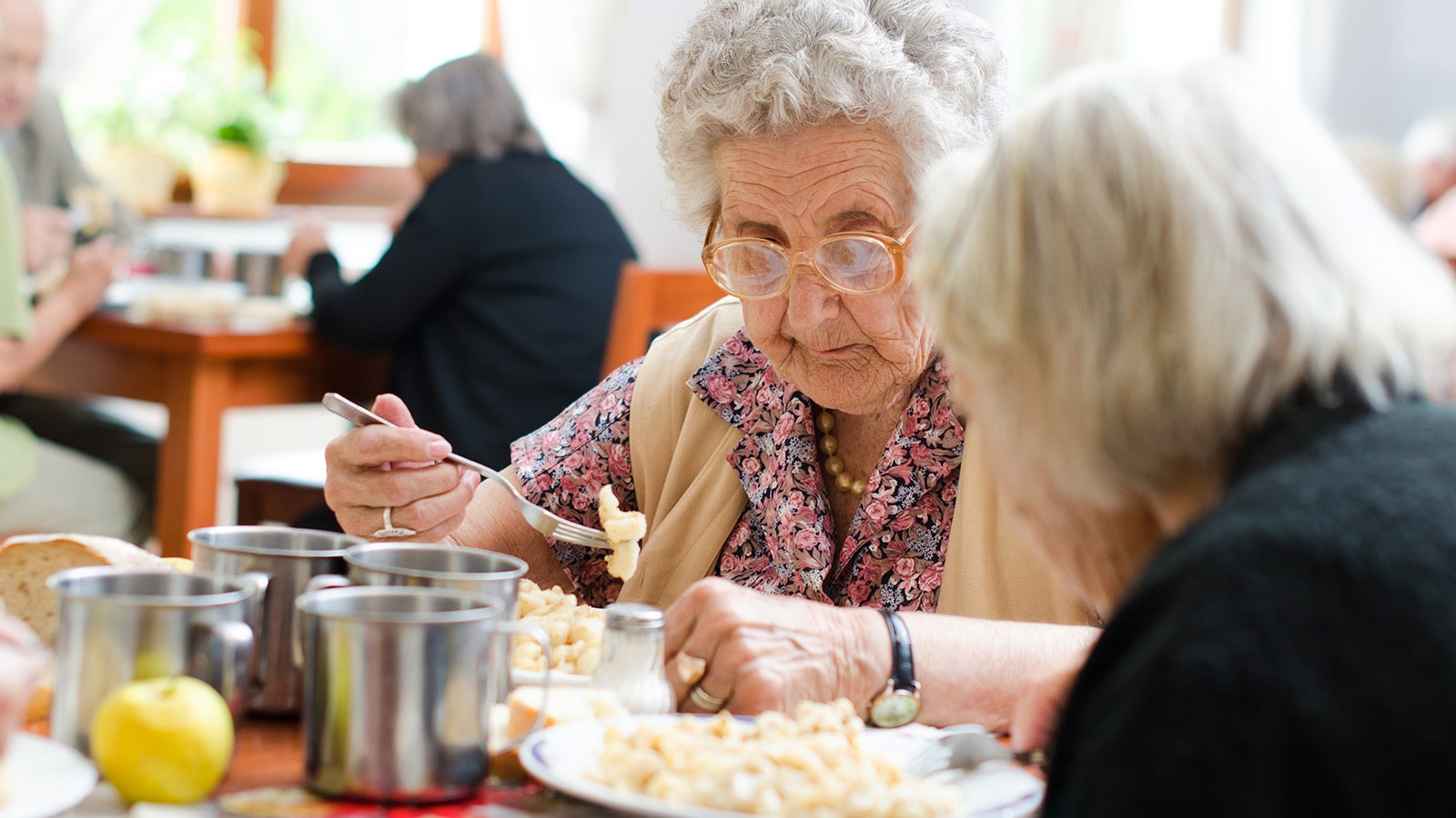 Elderly woman having dinner holding fork