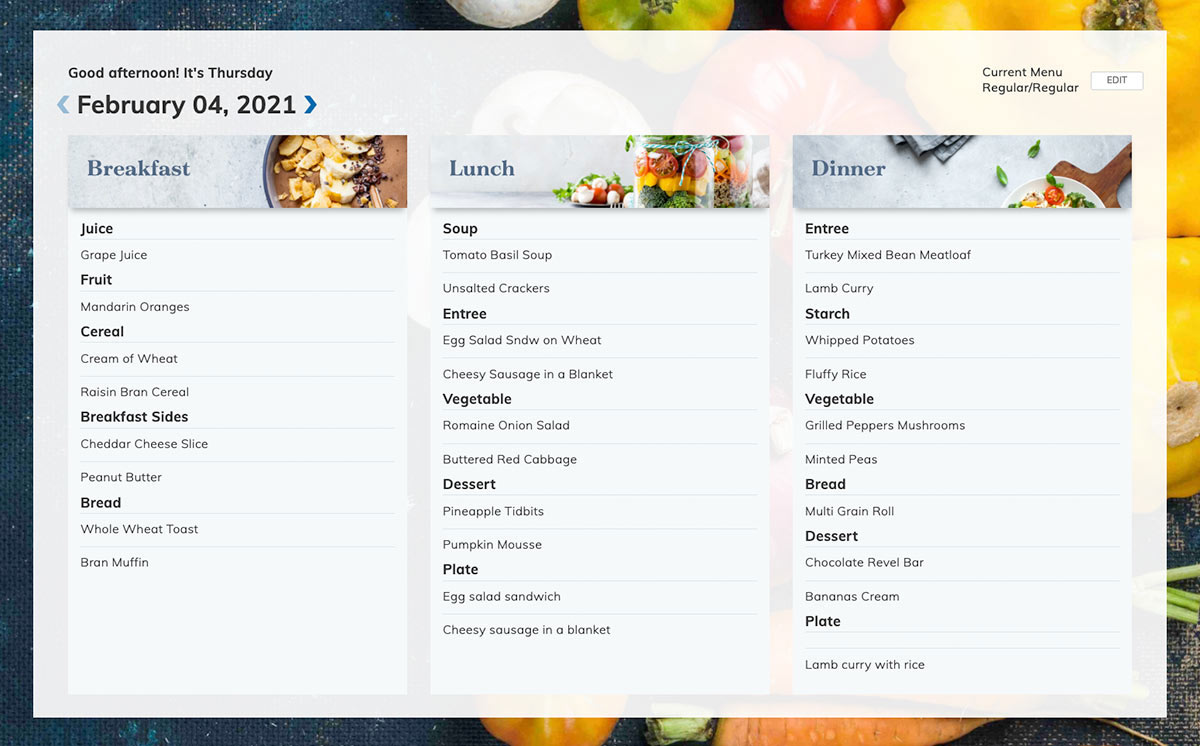 Sample menu board displaying menus for breakfast, lunch and dinner