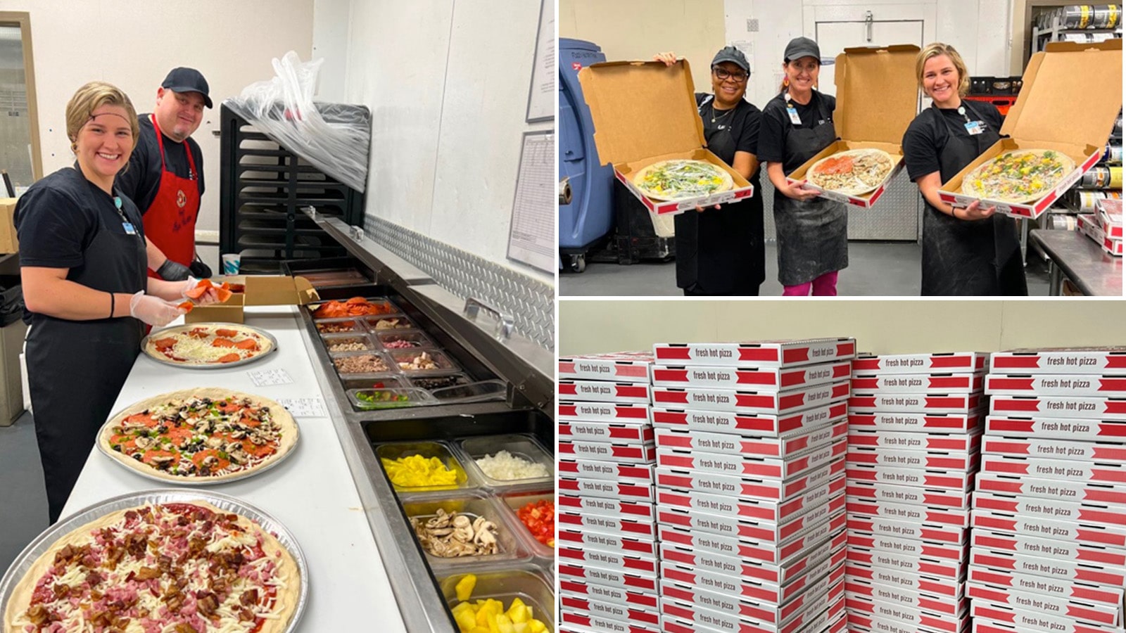 Workers from healthcare making pizza