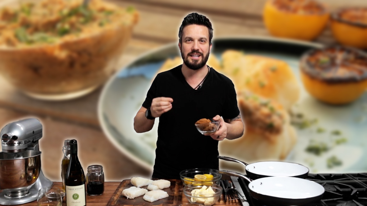 Chef Fabio Viviani in black shirt in kitchen