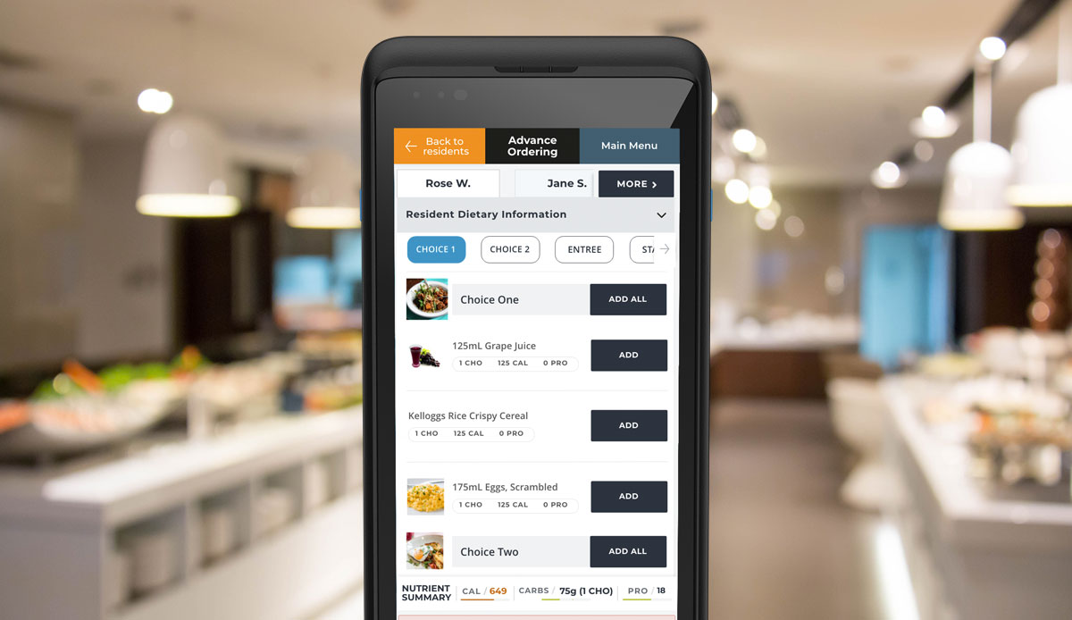 MealSuite software shown on pro mobile handheld device with blurred image