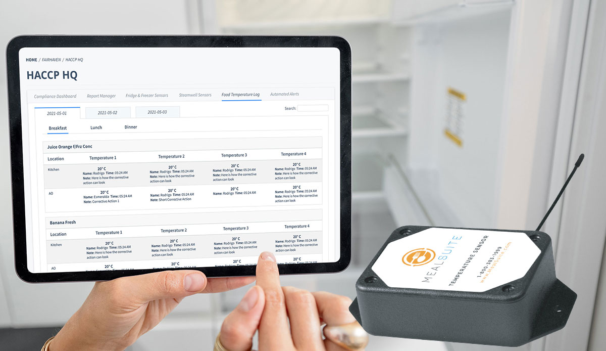 Woman holding tablet with screenshot of HACCP HQ temperature logs