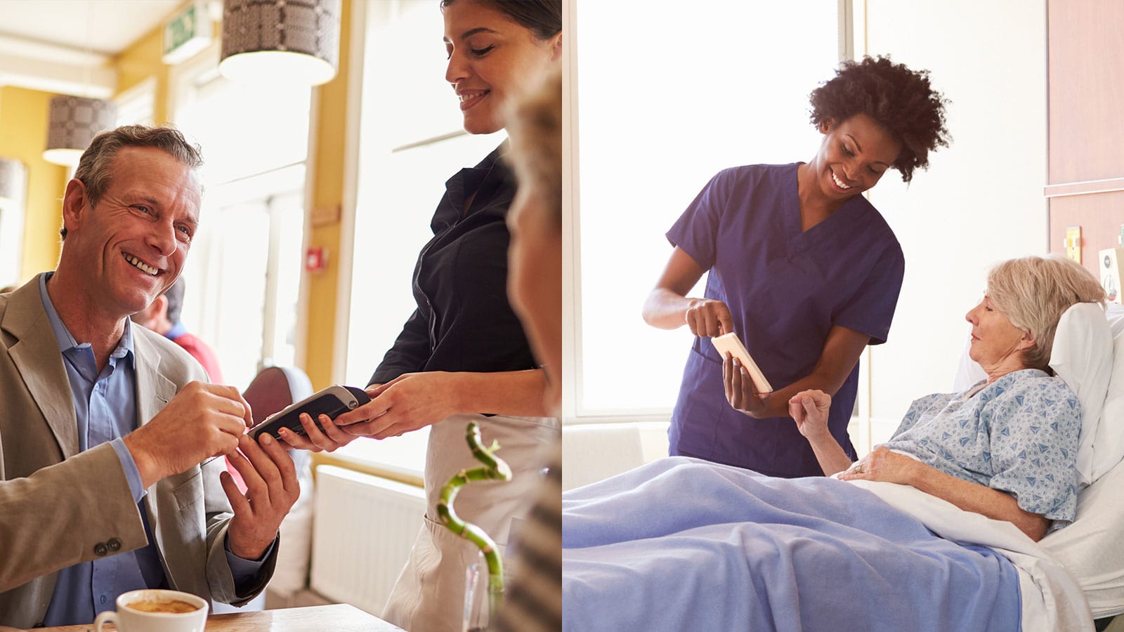 Man smiling while paying bill and nurse showing tablet to patient in hospital