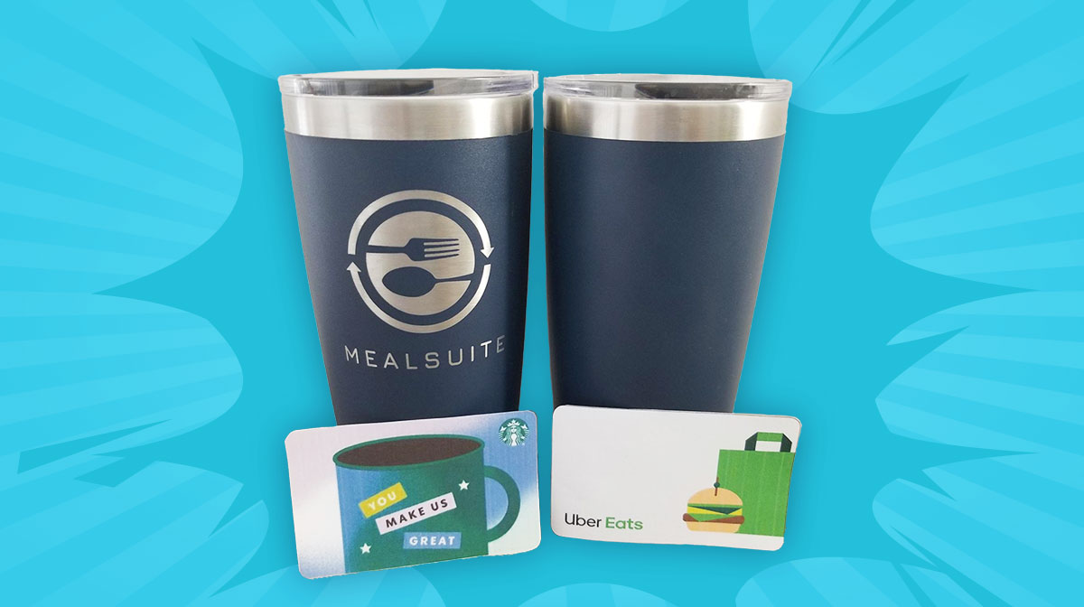 Two blue Yetti tumblers and two Uber eat gift cards